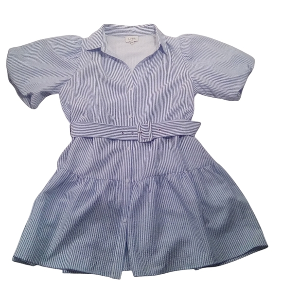 Aura Women’s Crinkle Blue White Button Front Cottagecore Puff Dress Size Large - Picture 3 of 8